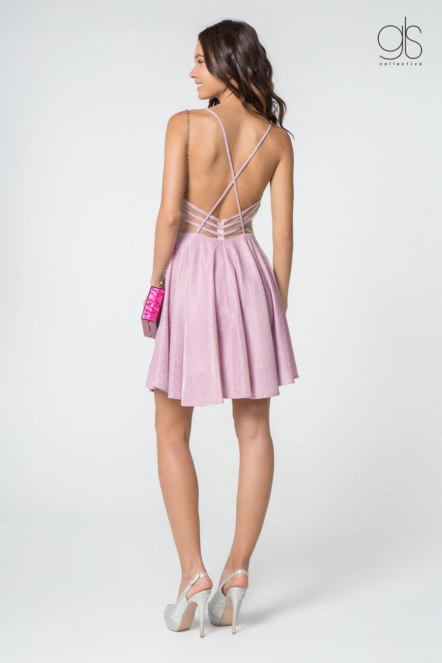 Prom Short V-Neck Spaghetti Strap Glitter Cocktail Dress - The Dress Outlet Elizabeth K