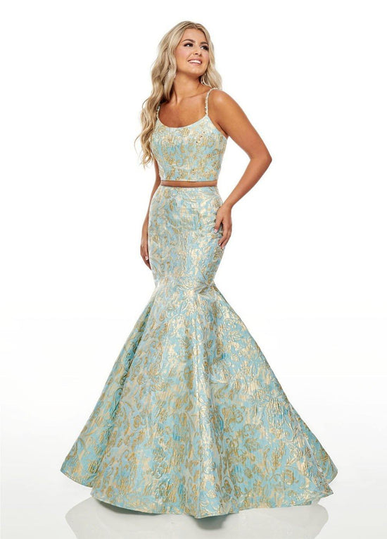 Aqua/Gold Sexy Fitted Two Piece Prom Dress for $459.99 – The Dress Outlet