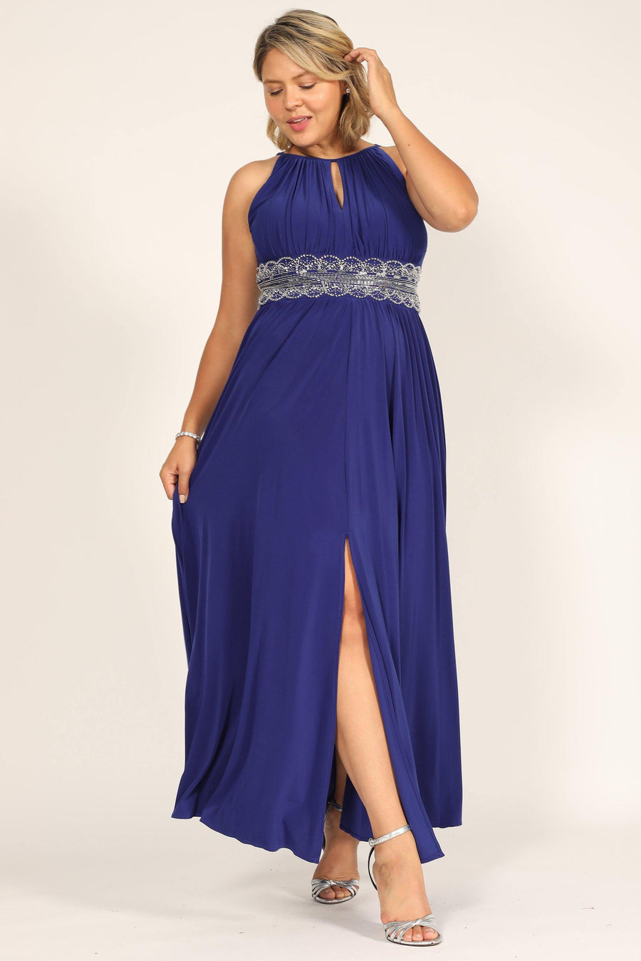 Formal Dresses Long Formal Beaded Waist Dress Royal Blue