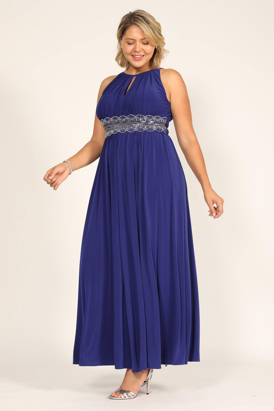 R&M Richards Long Plus Size Embellished Waist Dress 1328W - The Dress Outlet