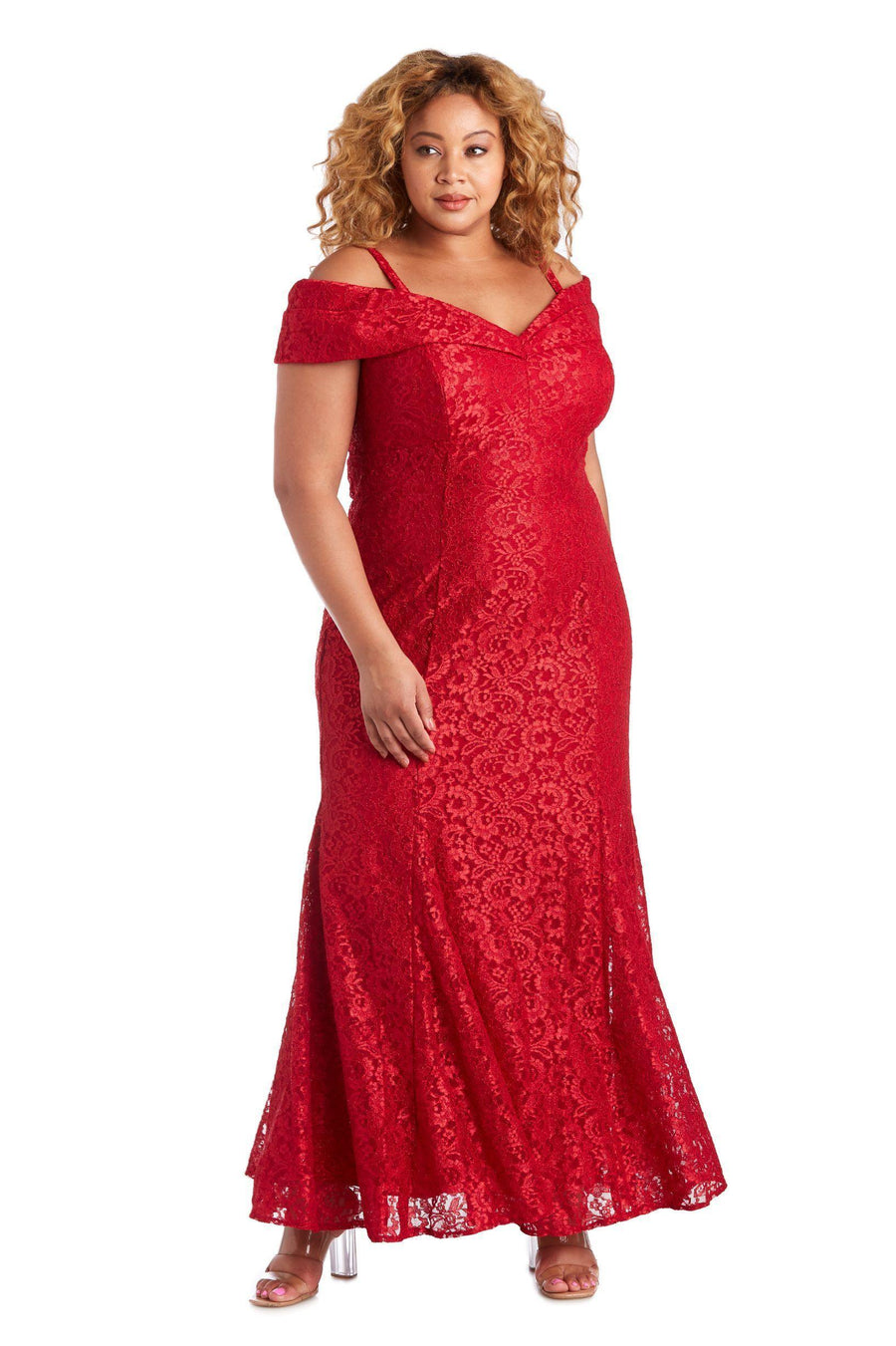 R&M Richards Plus Size Long Formal Lace Gown Red