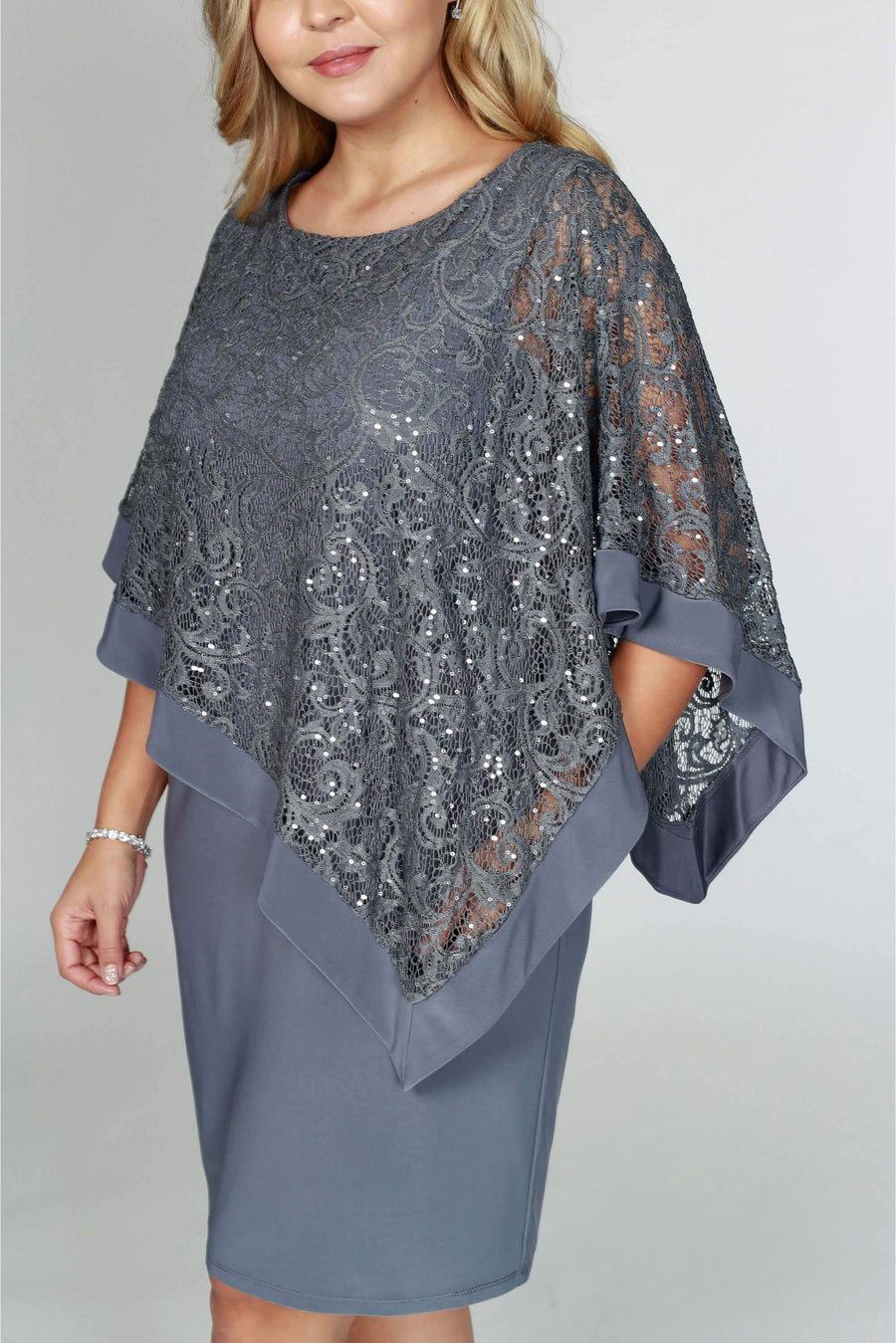 R&M Richards Short Plus Size Lace Cape Dress - The Dress Outlet R&M Richards