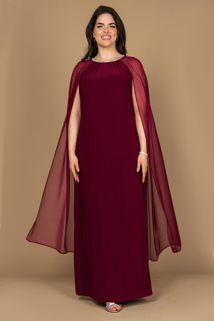 R&M Richards Plus Size Long Formal Cape Gown Merlot