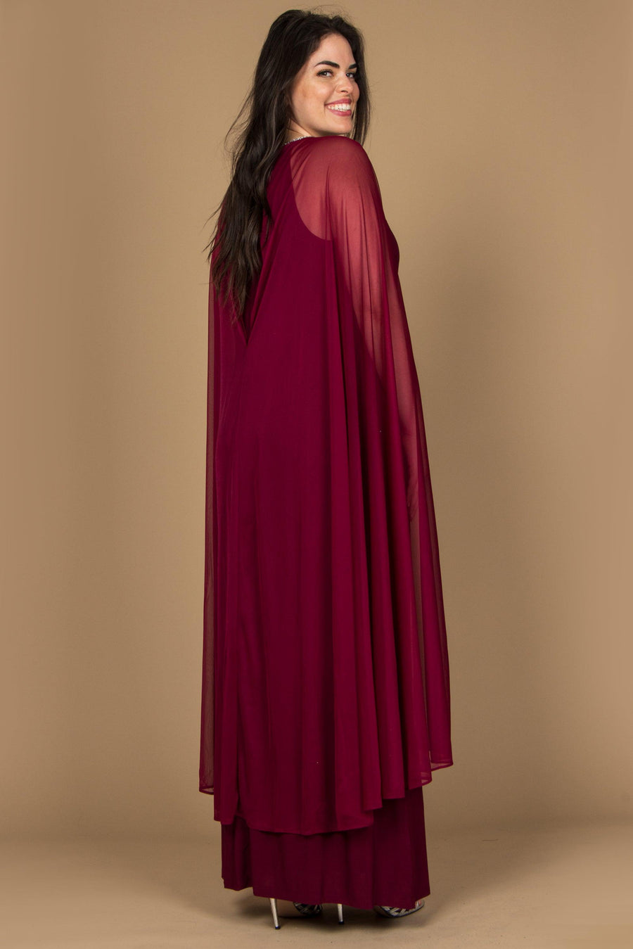 R&M Richards Plus Size Long Formal Cape Gown Merlot