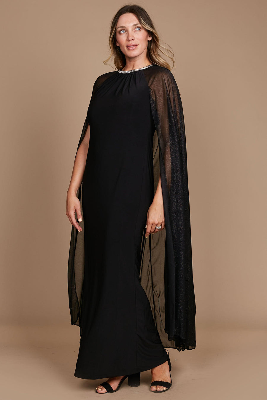 R&M Richards Plus Size Long Formal Cape Gown Black