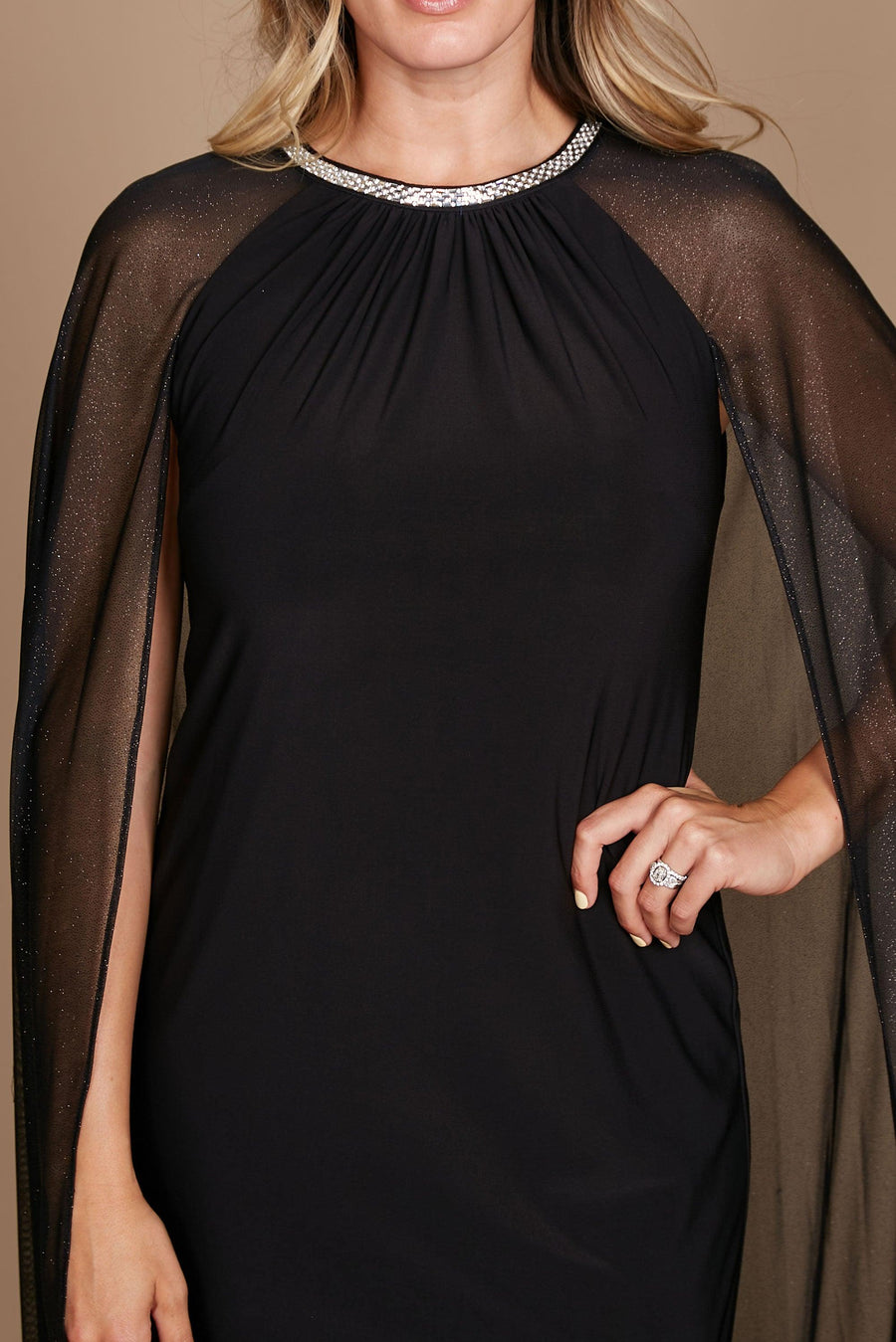 R&M Richards Plus Size Long Formal Cape Gown Black