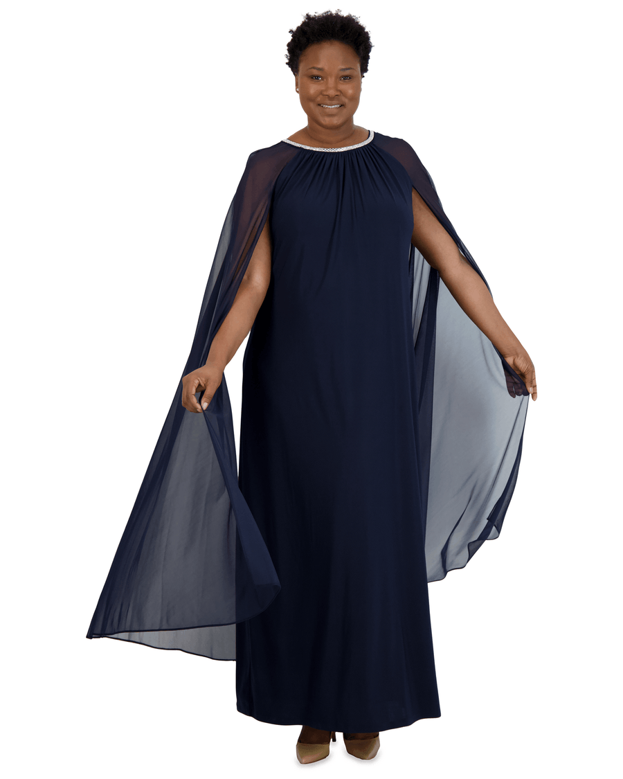 R&M Richards Plus Size Long Formal Cape Gown Navy