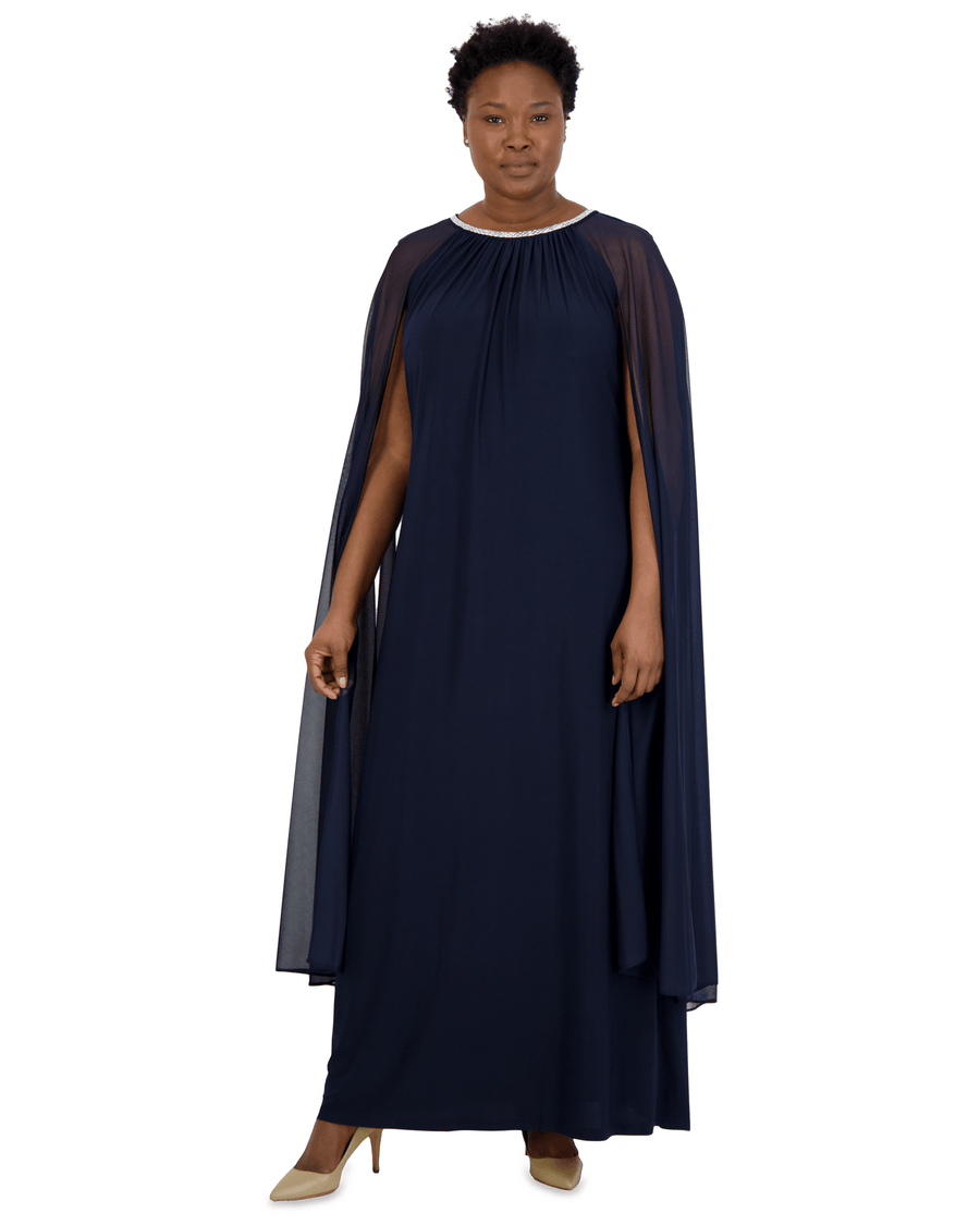 R&M Richards Plus Size Long Formal Cape Gown Navy