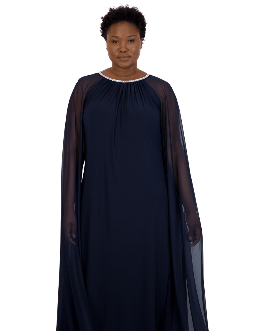 R&M Richards Plus Size Long Formal Cape Gown Navy