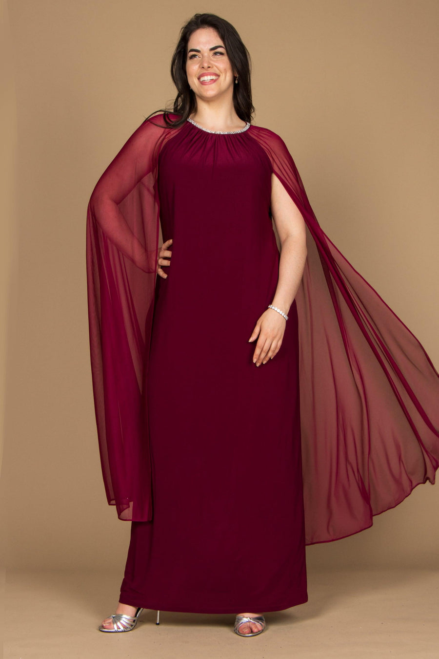 R&M Richards Plus Size Long Formal Cape Gown Merlot