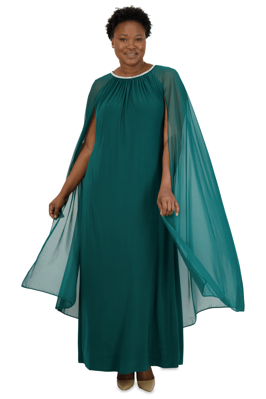 R&M Richards Plus Size Long Formal Cape Gown Pine