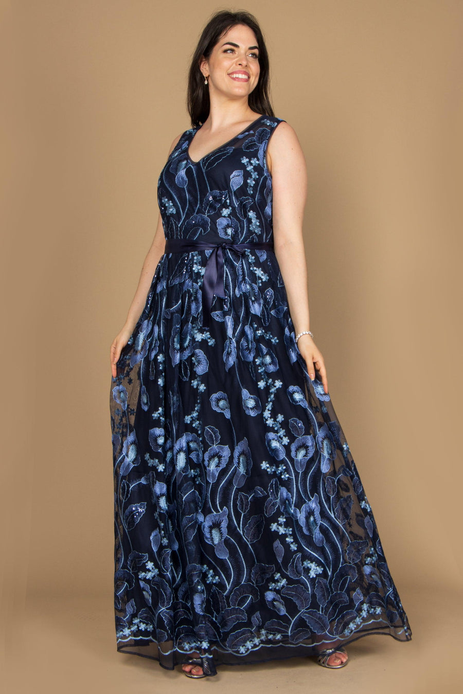 R&M Richards Long Plus Size Sleeveless Gown Navy