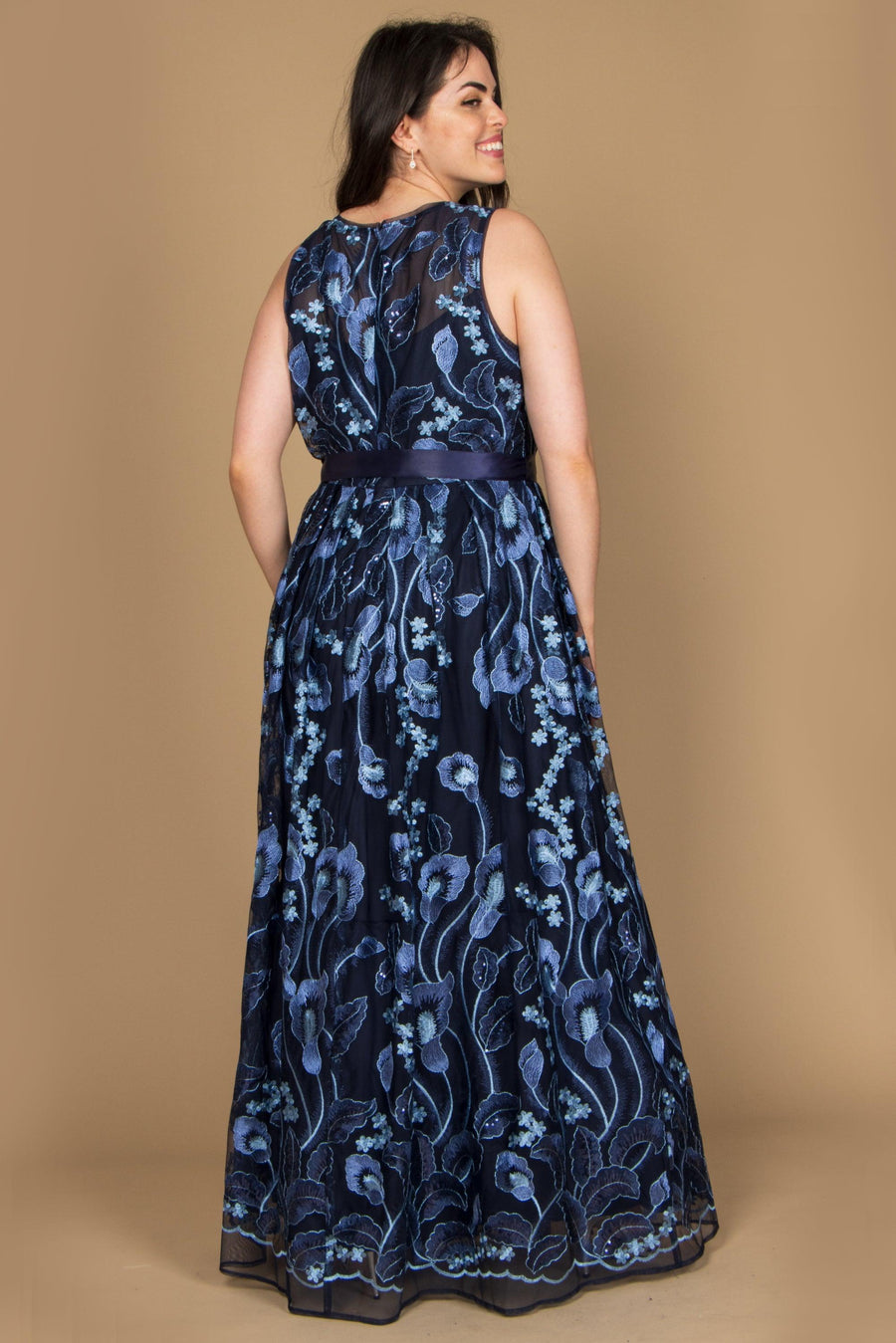 R&M Richards Long Plus Size Sleeveless Gown Navy