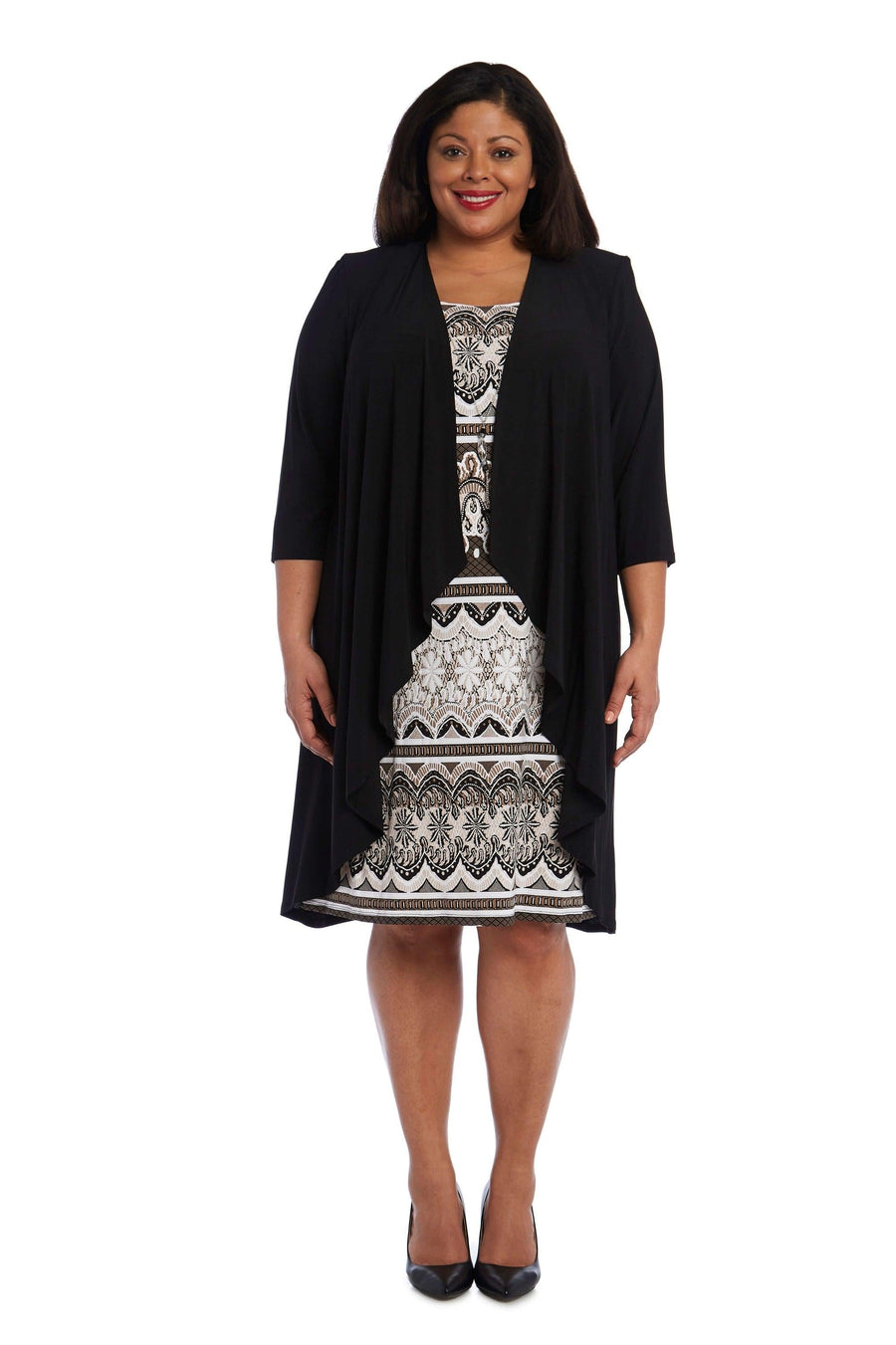 R&M Richards Plus Size Short Dress Black Taupe - The Dress Outlet R&M Richards