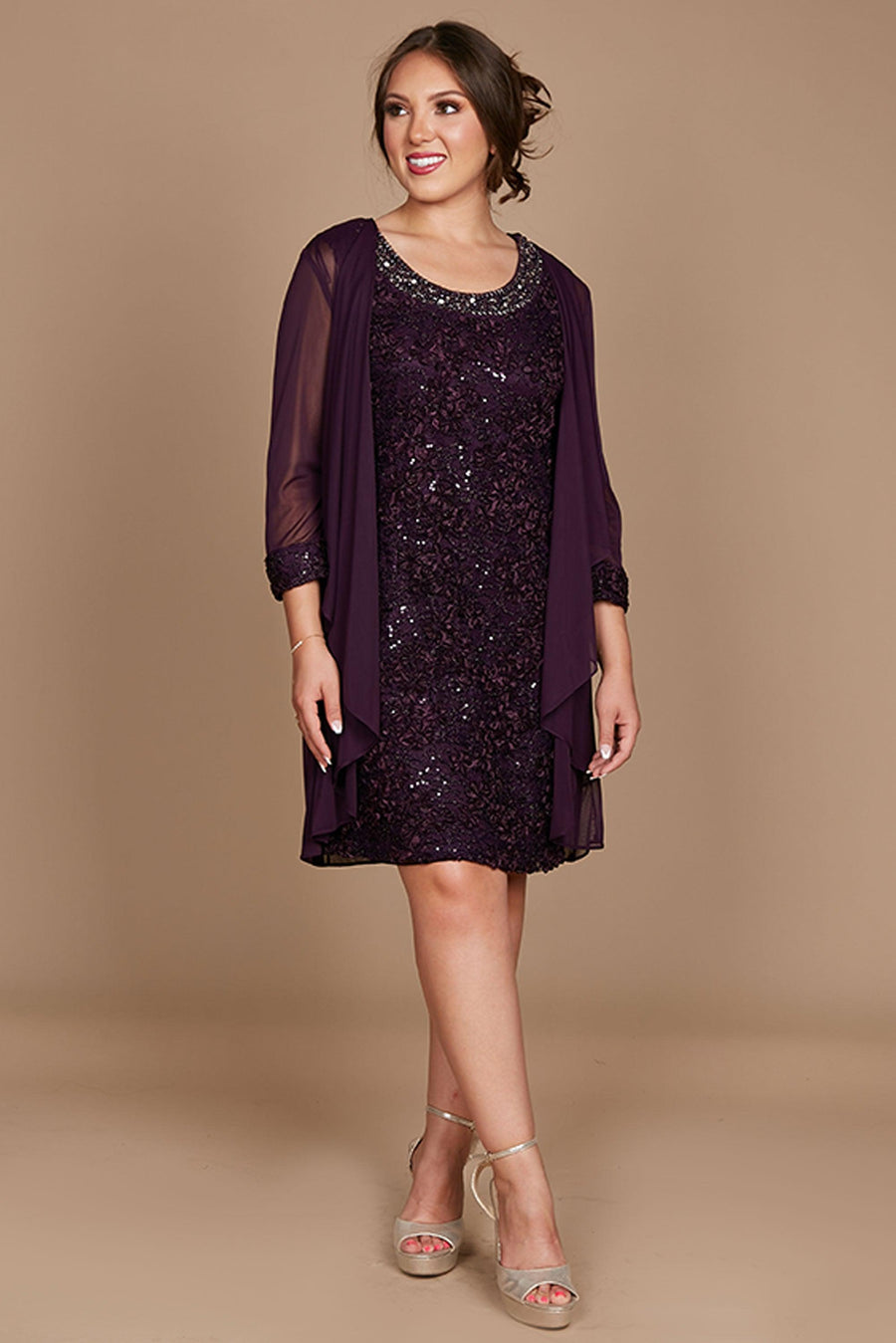 R&M Richards Mother of the Bride Plus Size Short Dress Plum