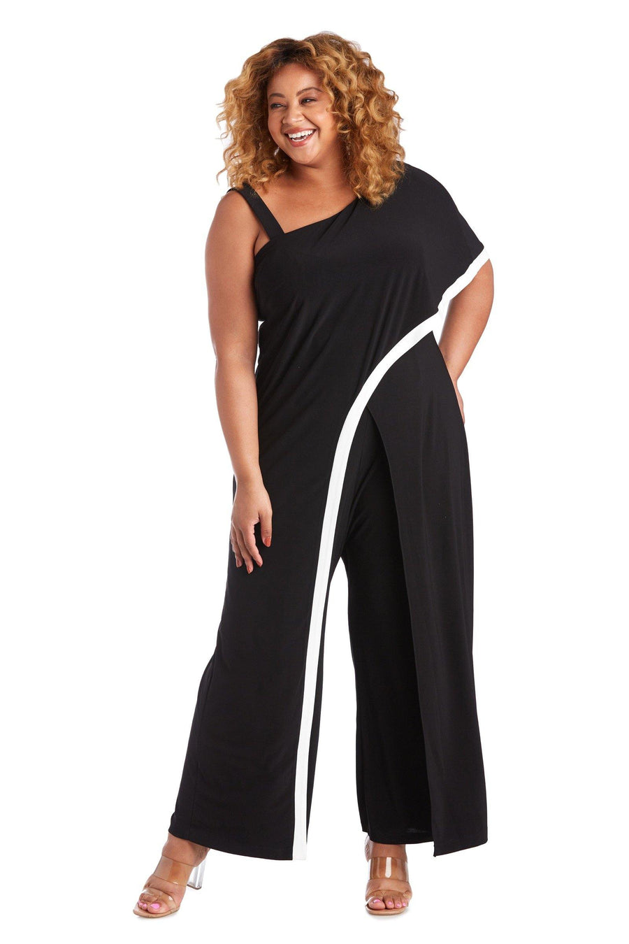 R&M Richards Plus Size One Shoulder Jumpsuit 7438W - The Dress Outlet