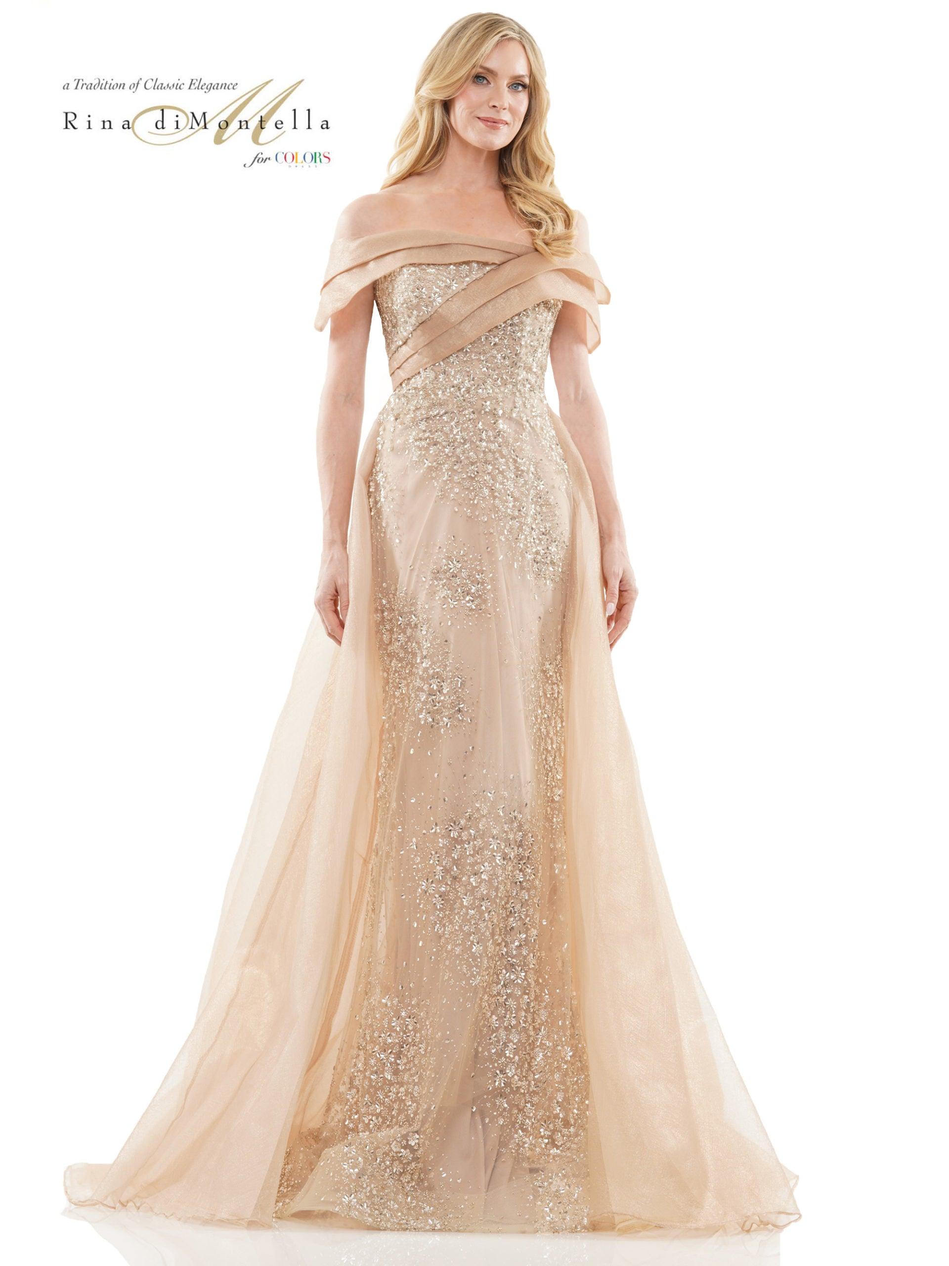Coffee Rina di Montella Long Formal Off Shoulder Gown 2816 for $811.99 –  The Dress Outlet