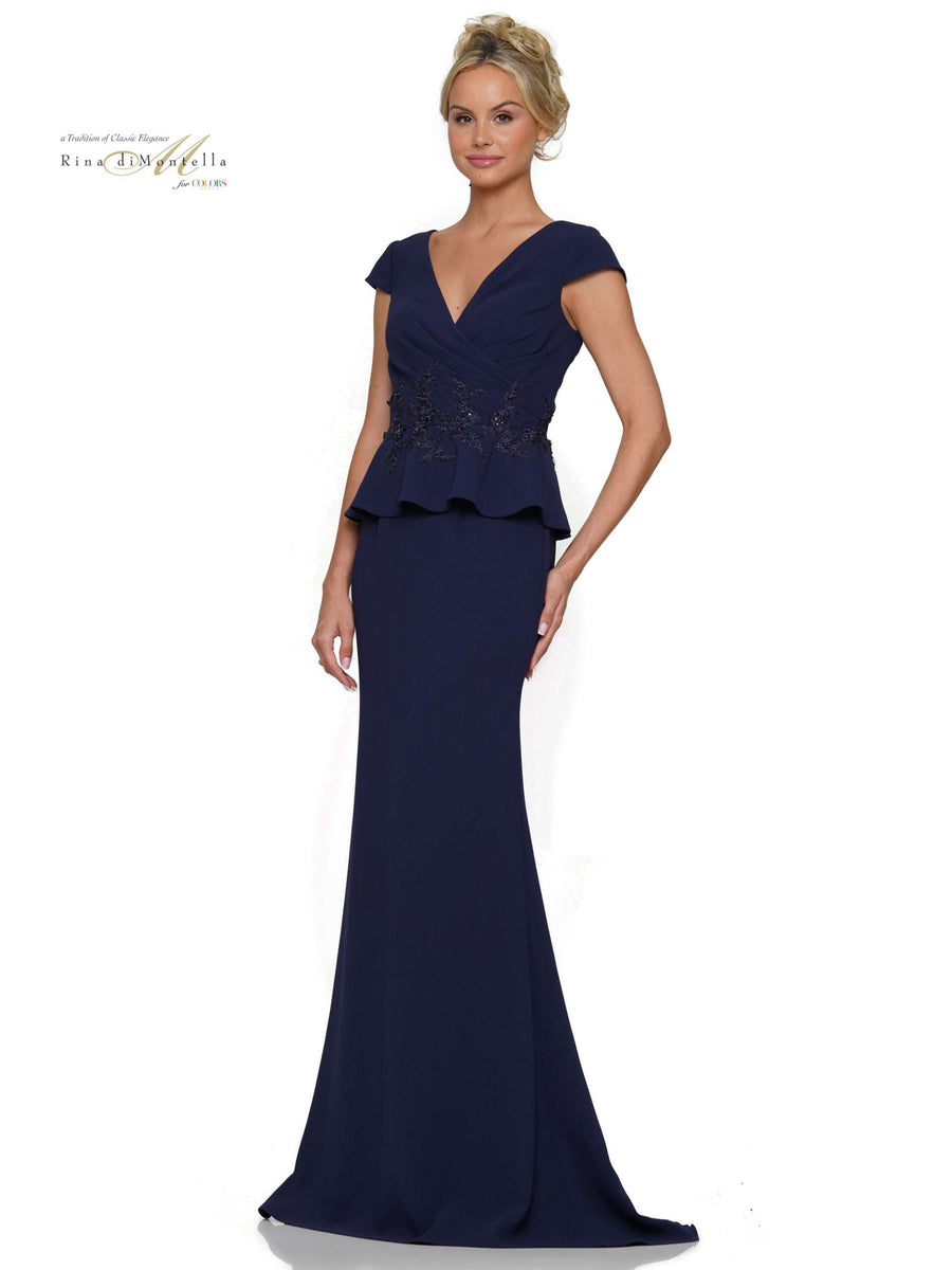 Formal Dresses Fit and Flare Long Wrapped Bodice Formal Dress Navy