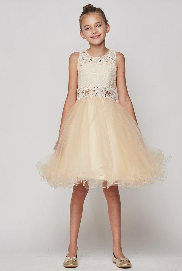 Rhinestone Lace Flower Girl Dress with Peekaboo Waist - The Dress Outlet Cinderella Couture