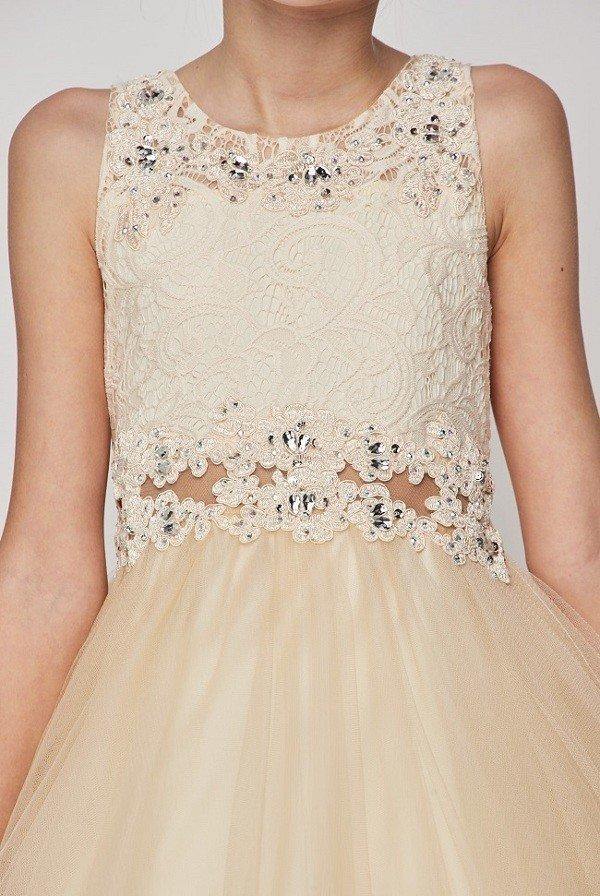 Rhinestone Lace Flower Girl Dress with Peekaboo Waist - The Dress Outlet Cinderella Couture