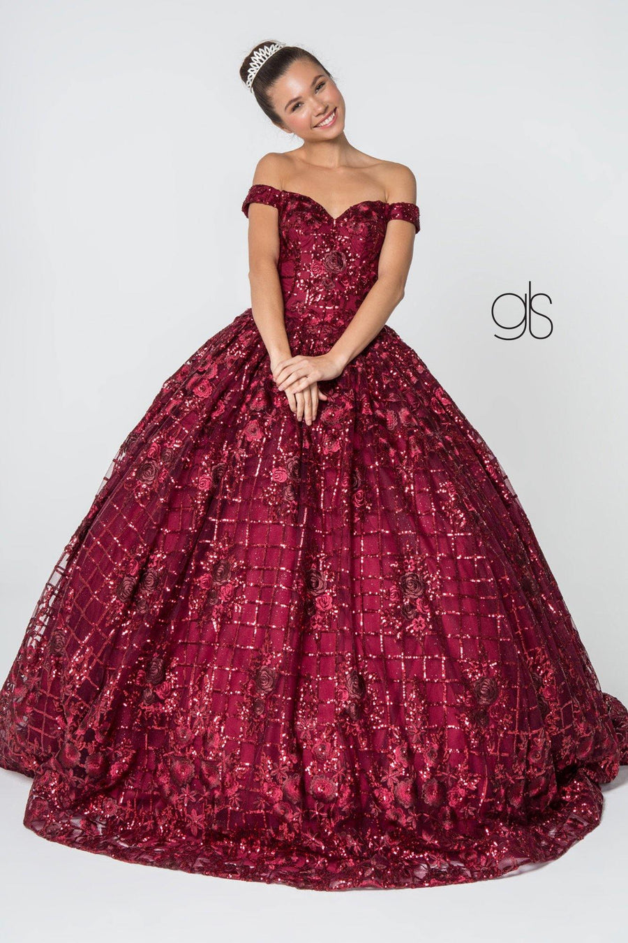 Sequin and Floral EmbroideryLong Mesh Quinceanera Dress - The Dress Outlet Elizabeth K