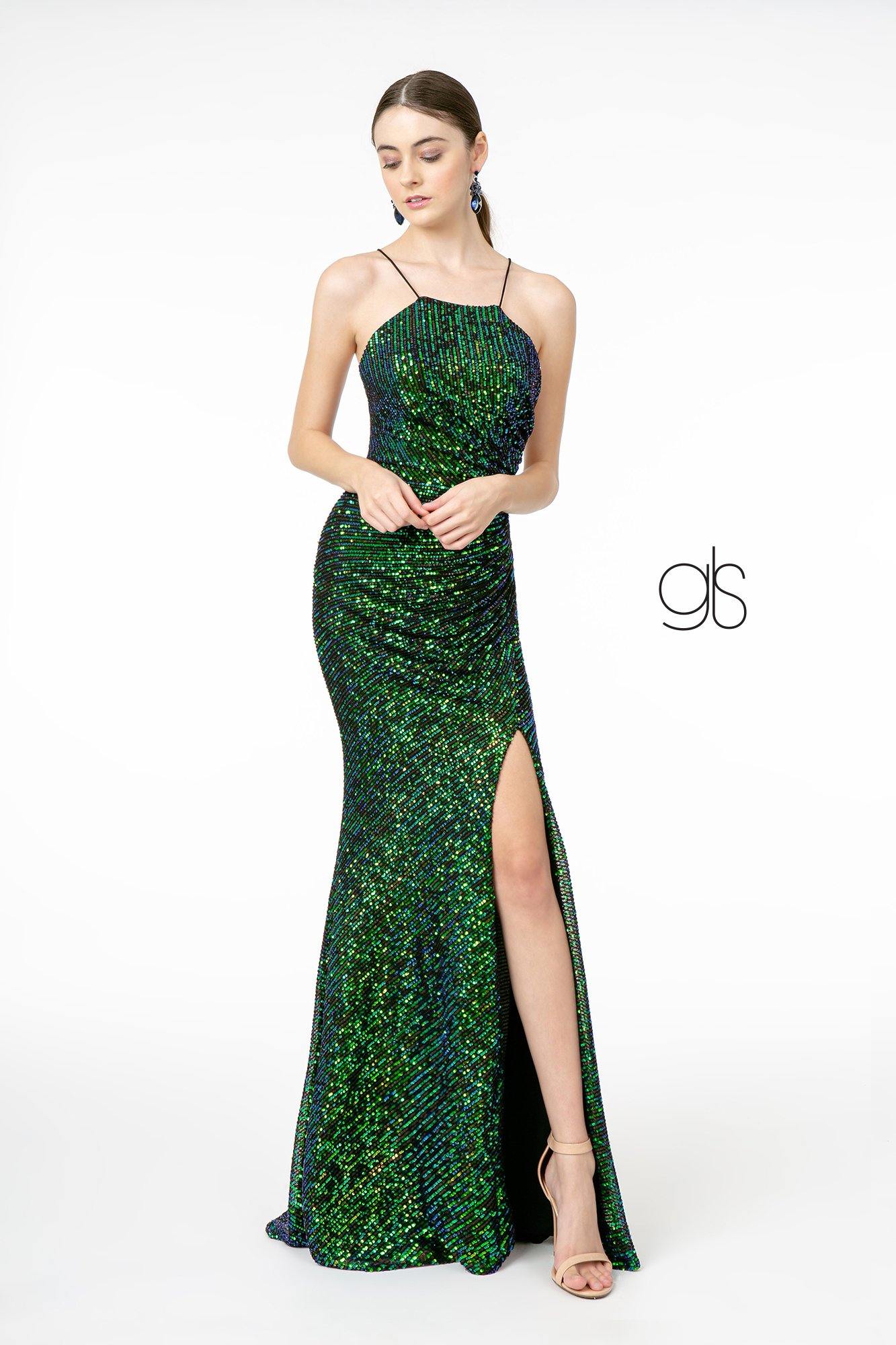 Sequin Fitted Long Prom Dress Evening Gown Green