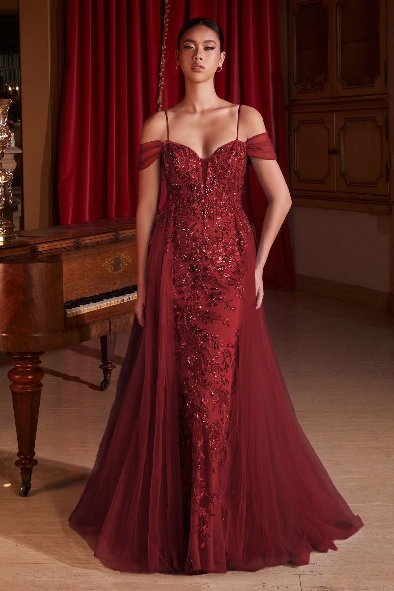 Prom Dresses Layered Overskirt Long  Fitted Formal  Prom Gown Burgundy