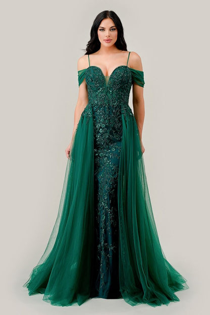 Prom Dresses Layered Overskirt Long  Fitted Formal  Prom Gown Emerald