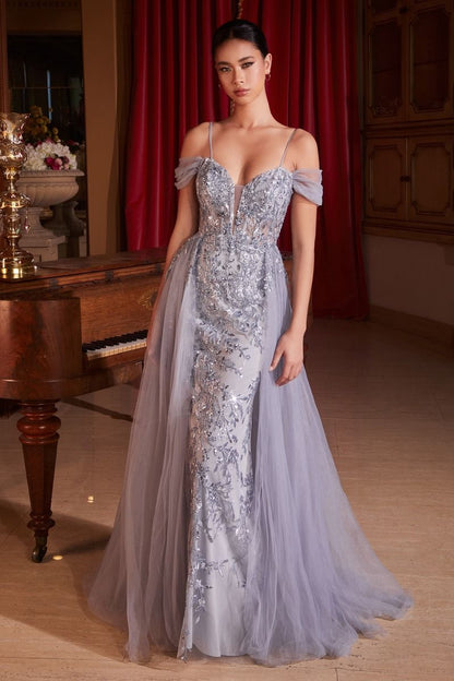 Prom Dresses Layered Overskirt Long Fitted Formal  Prom Gown Fog Grey