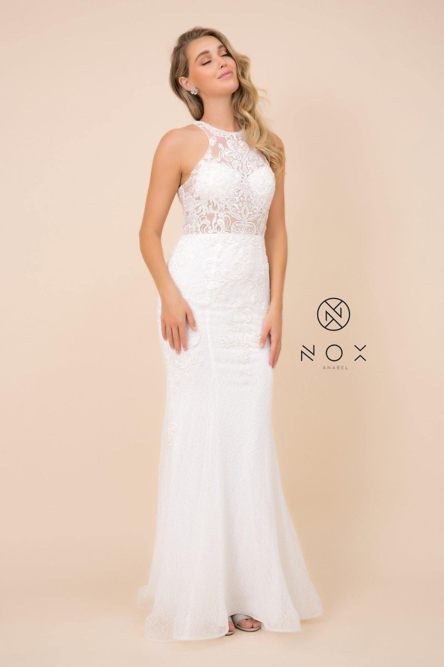 Sheer Lace Applique High Neck Wedding Dress - The Dress Outlet Nox Anabel