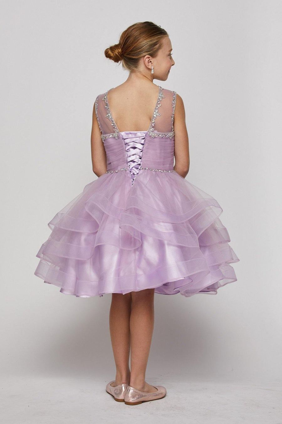 Short Beaded Illusion Neckline Flower Girl Dress - The Dress Outlet Cinderella Couture