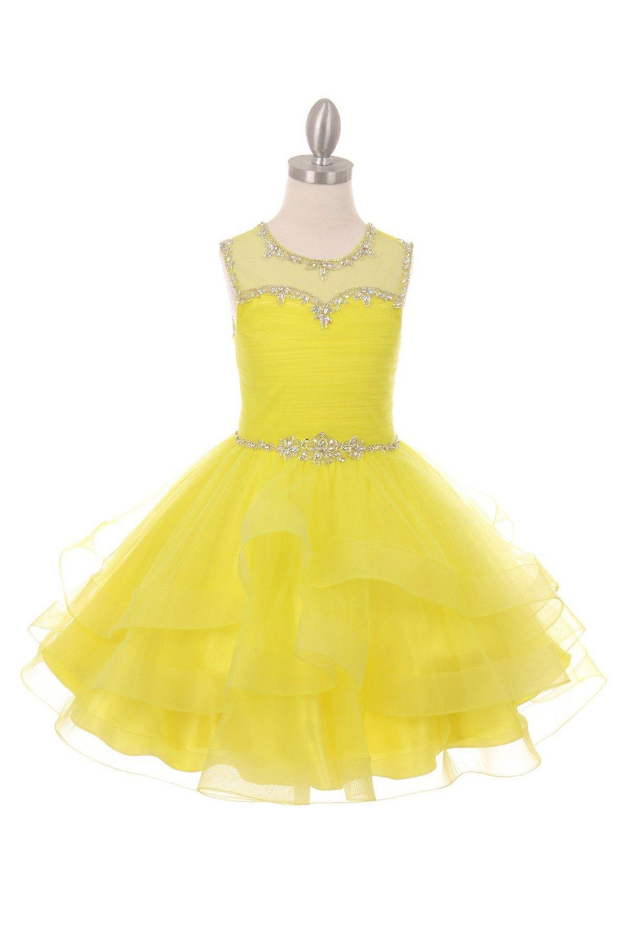 Short Beaded Illusion Neckline Flower Girl Dress - The Dress Outlet Cinderella Couture