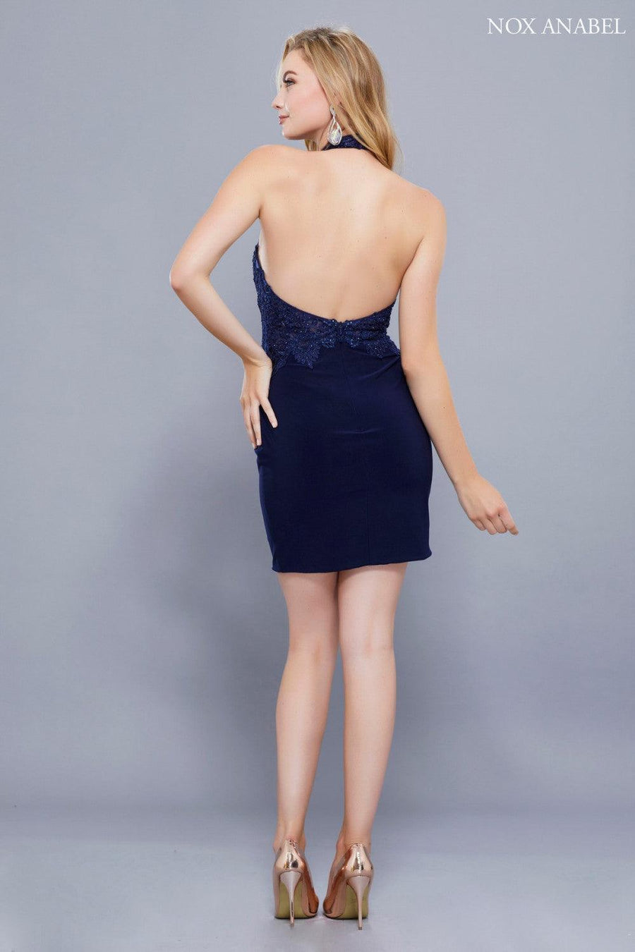 Short Formal Halter Open Back Prom Cocktail Dress - The Dress Outlet Nox Anabel