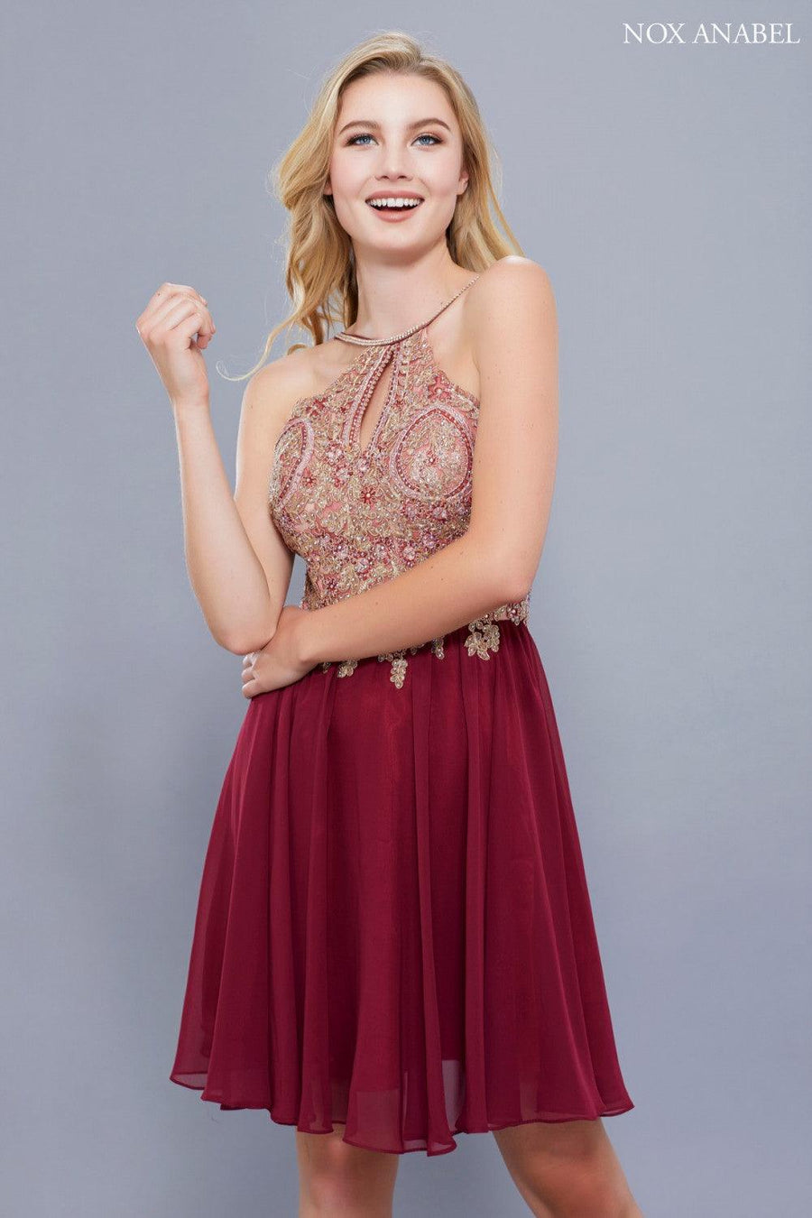 Short Halter Neck Keyhole Prom Cocktail Dress - The Dress Outlet Nox Anabel