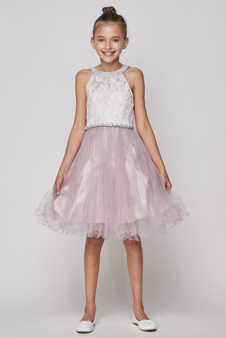 Short Halter Style Lace and Rhinestone Flower Girl Dress - The Dress Outlet Cinderella Couture