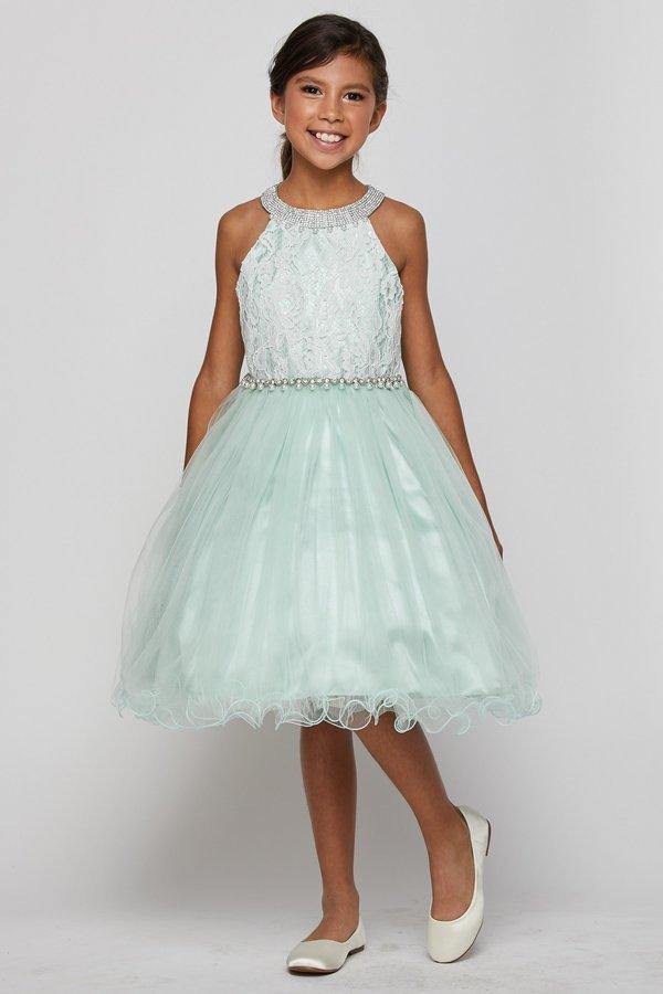 Short Halter Style Lace and Rhinestone Flower Girl Dress - The Dress Outlet Cinderella Couture