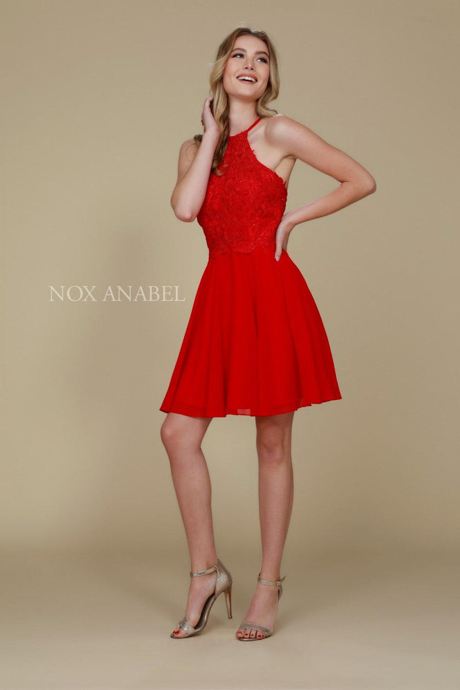 Short High Neck Embroidered Homecoming Cocktail Dress - The Dress Outlet Nox Anabel