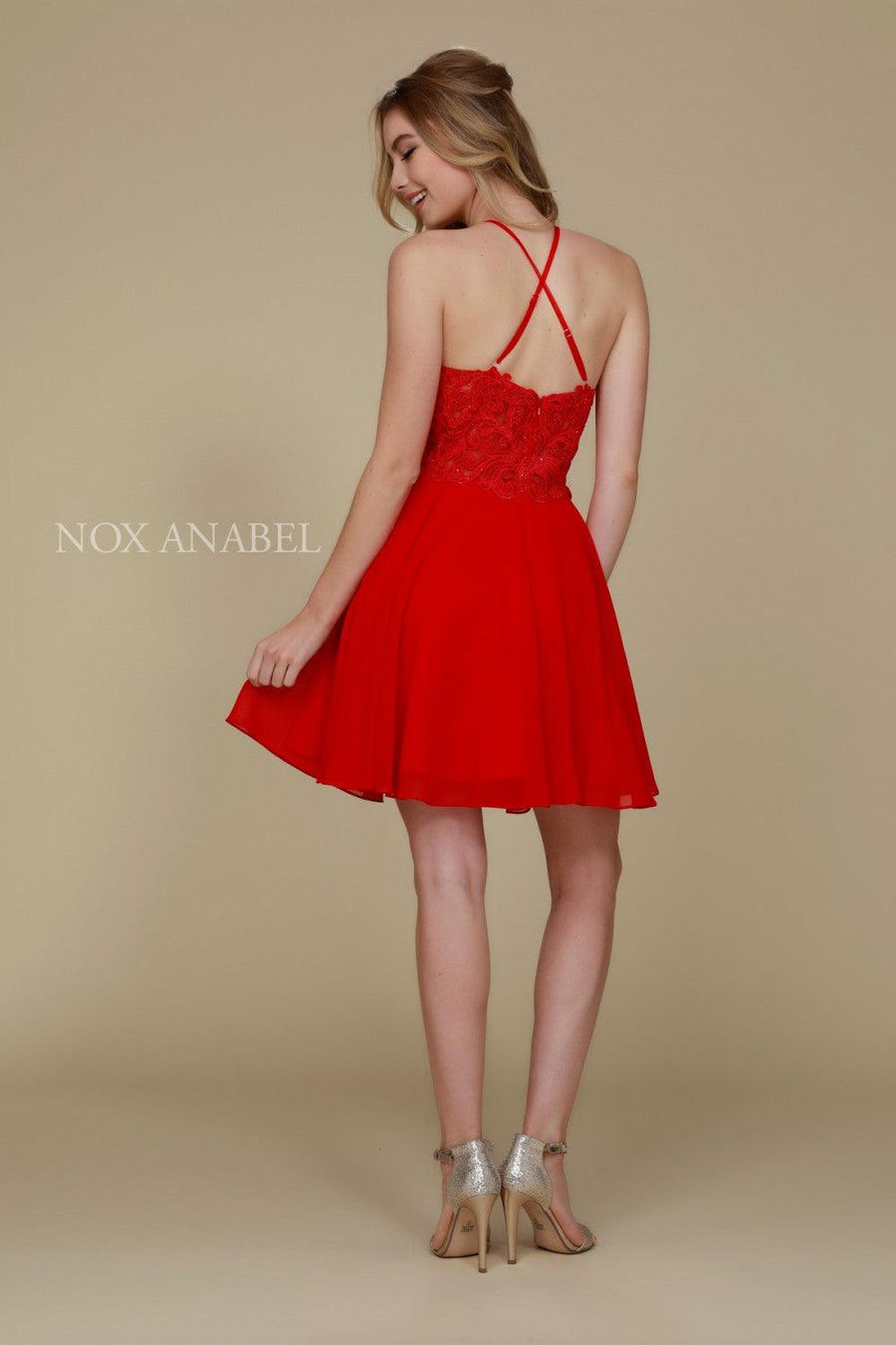 Short High Neck Embroidered Homecoming Cocktail Dress - The Dress Outlet Nox Anabel