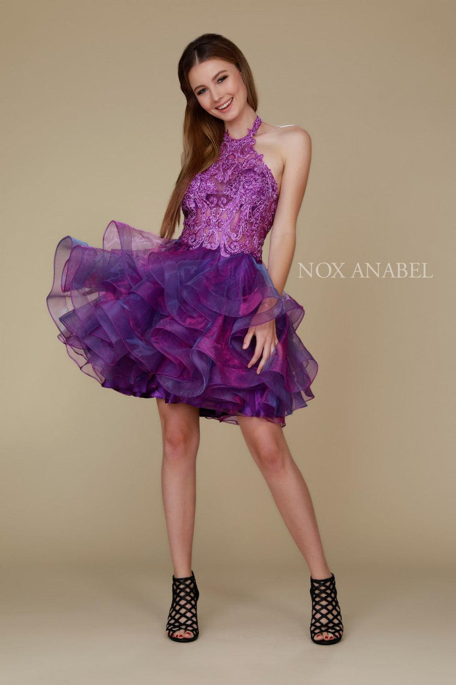 Short High Neck Tiered Prom Homecoming Dress - The Dress Outlet Nox Anabel