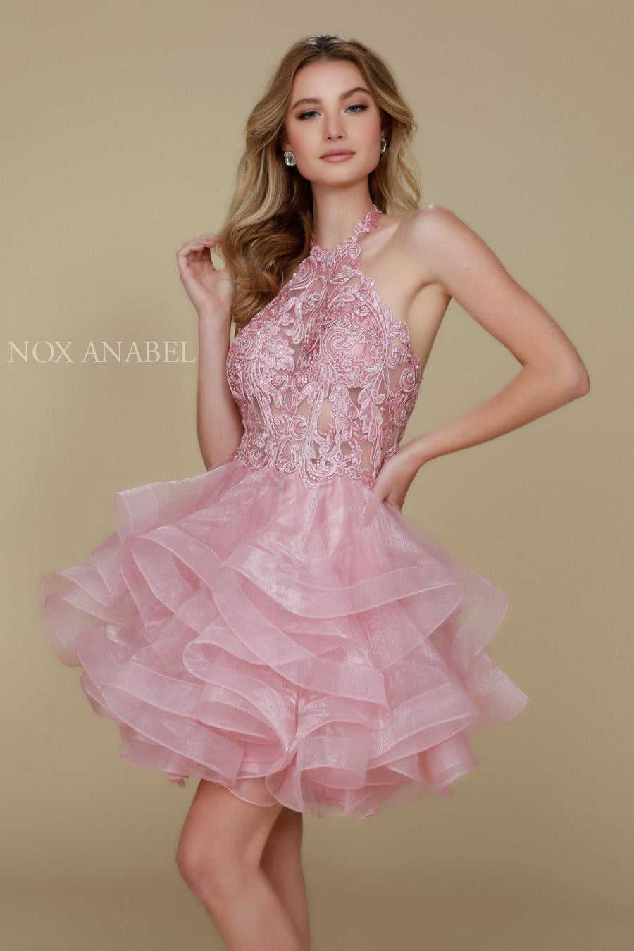 Short High Neck Tiered Prom Homecoming Dress - The Dress Outlet Nox Anabel