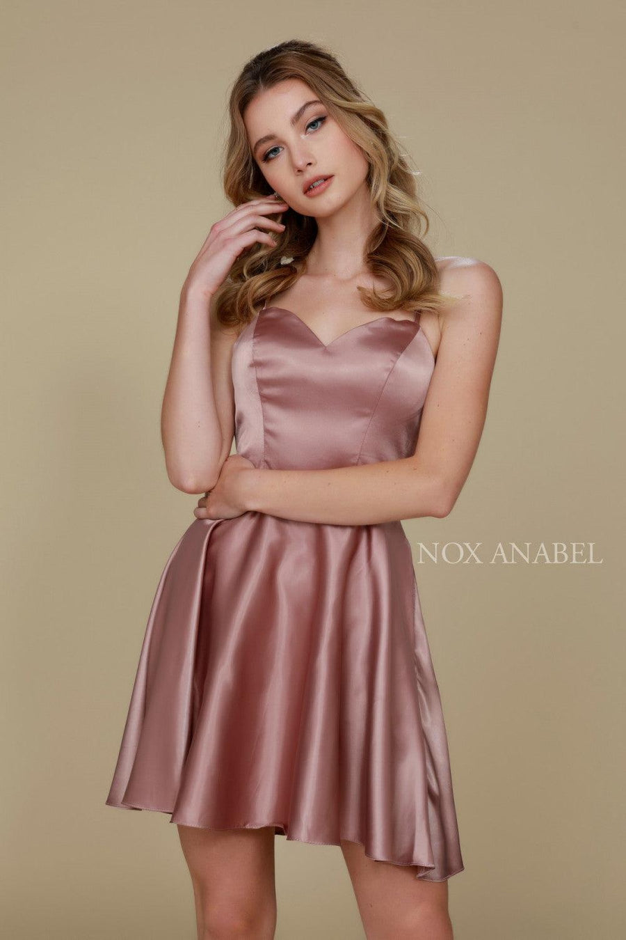 Short Satin Homecoming Prom Dress with Pockets - The Dress Outlet Nox Anabel