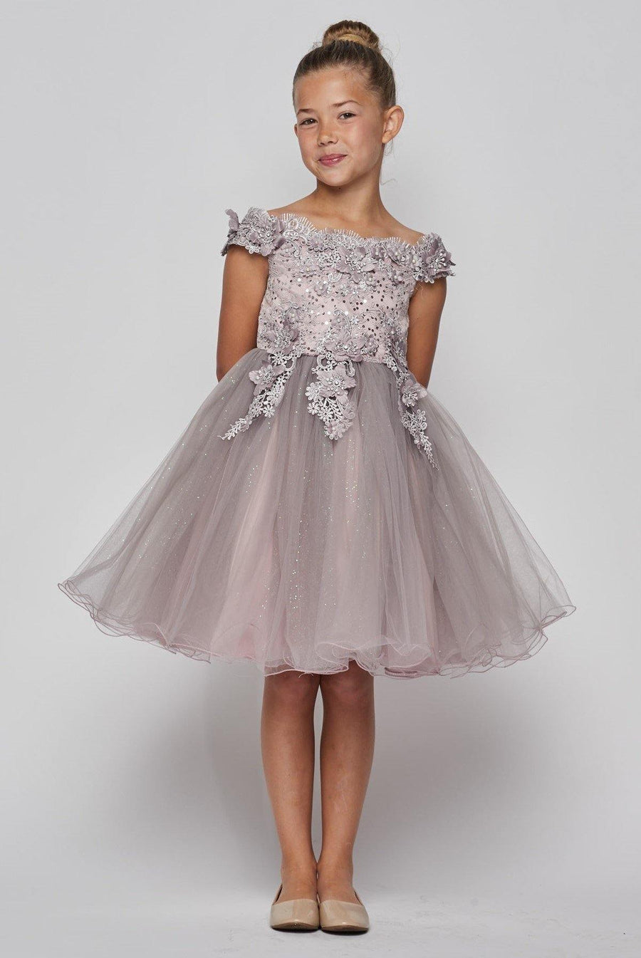 Short Sleeve Embellished Party Flower Girls Dress - The Dress Outlet Cinderella Couture