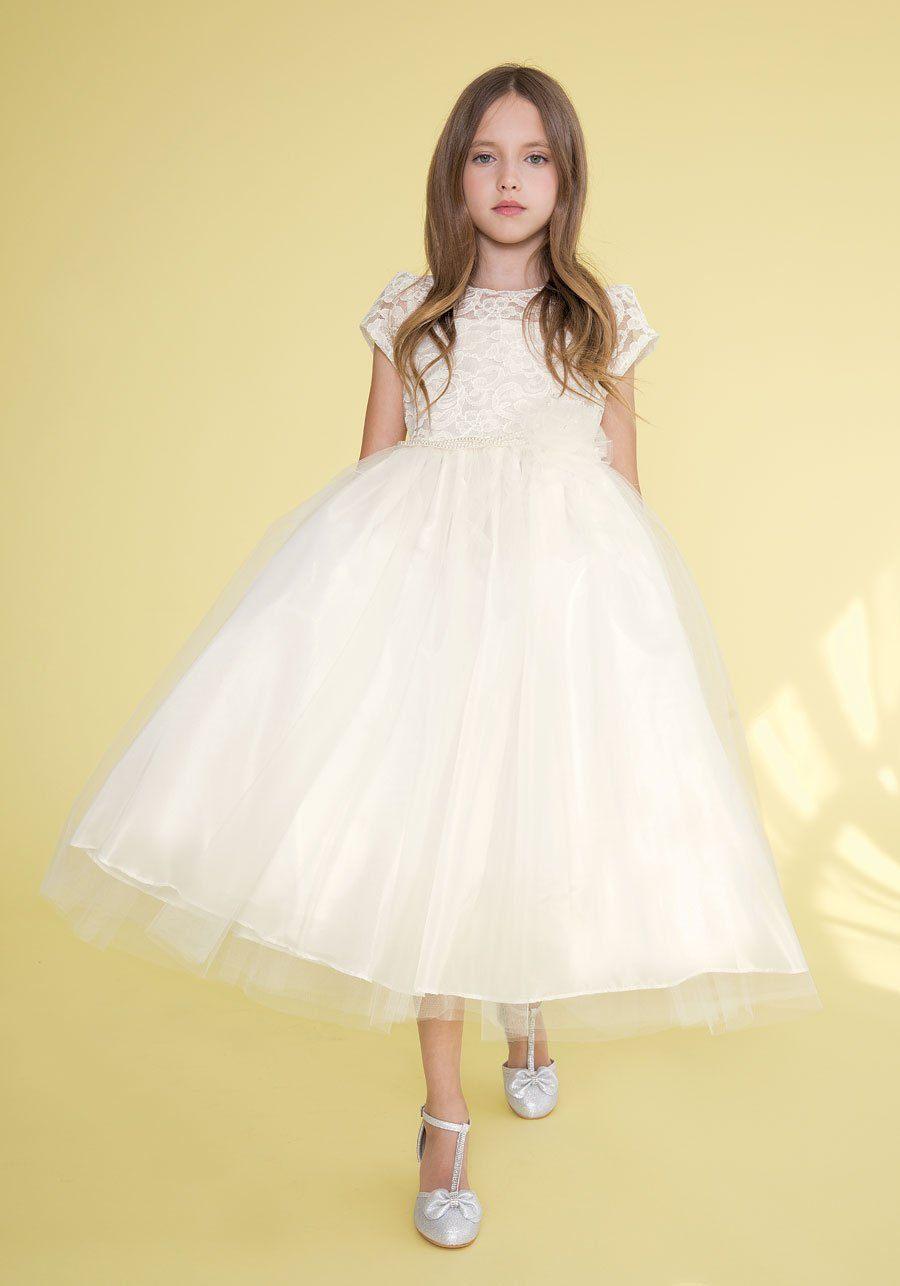 Short Sleeve Lace Bodice Flower Girl Dress - The Dress Outlet