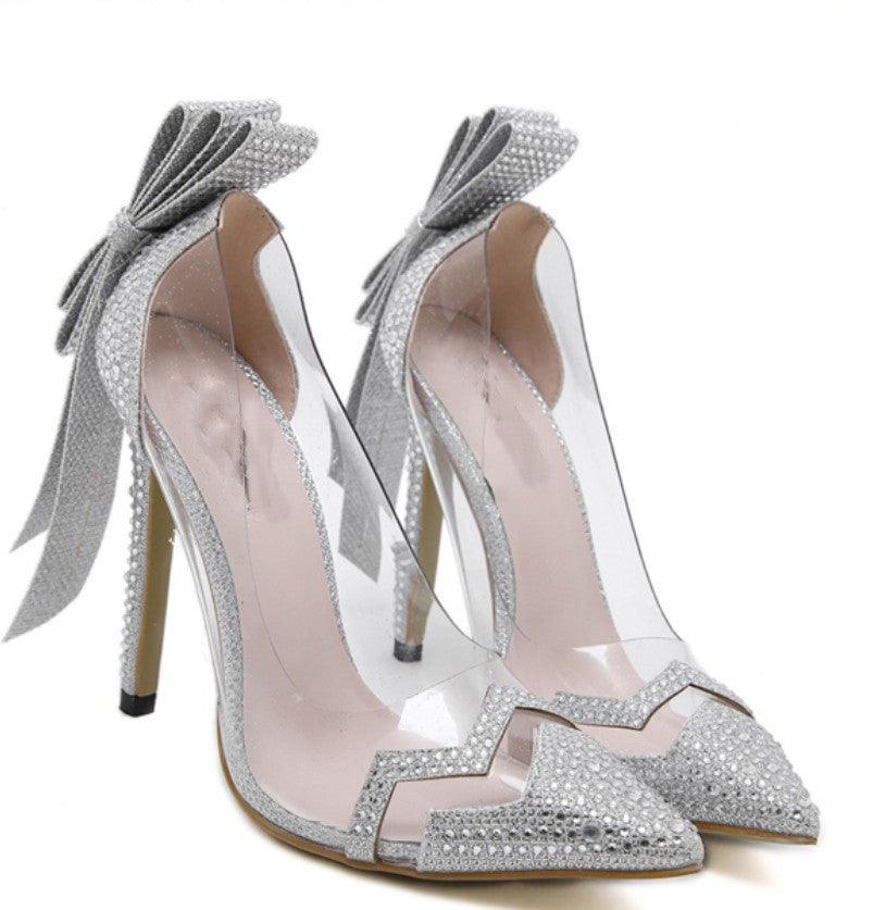 Silver Bowtie Butterfly Knot Wedding High Heel Shoes - The Dress Outlet GY