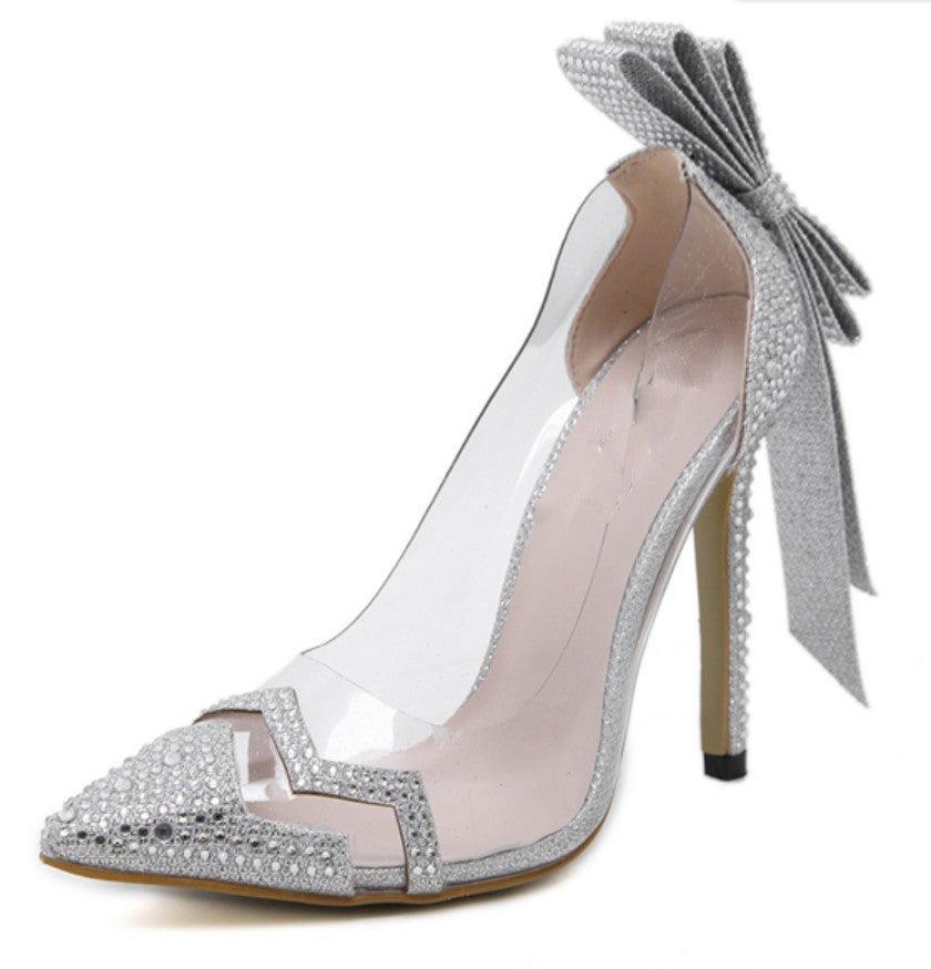 Silver Bowtie Butterfly Knot Wedding High Heel Shoes - The Dress Outlet GY