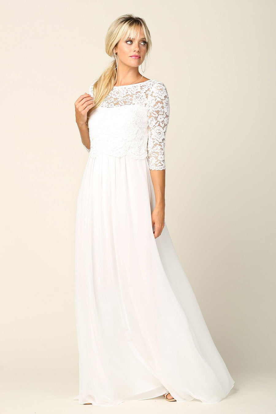 Simple Long 3/4 Sleeve Lace Chiffon Wedding Dress - The Dress Outlet