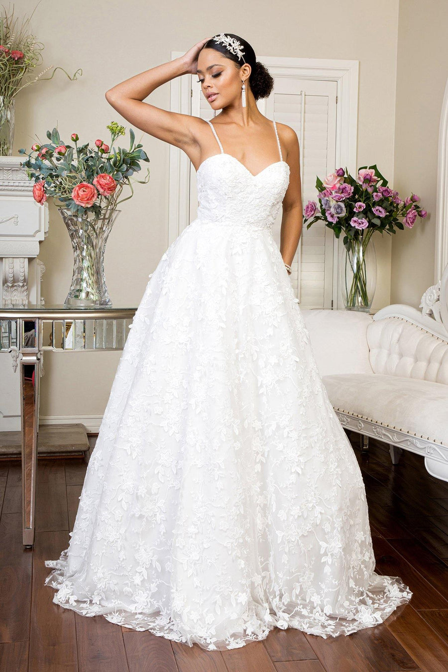 Simple Long Spaghetti Strap Floral Mesh Wedding Gown - The Dress Outlet