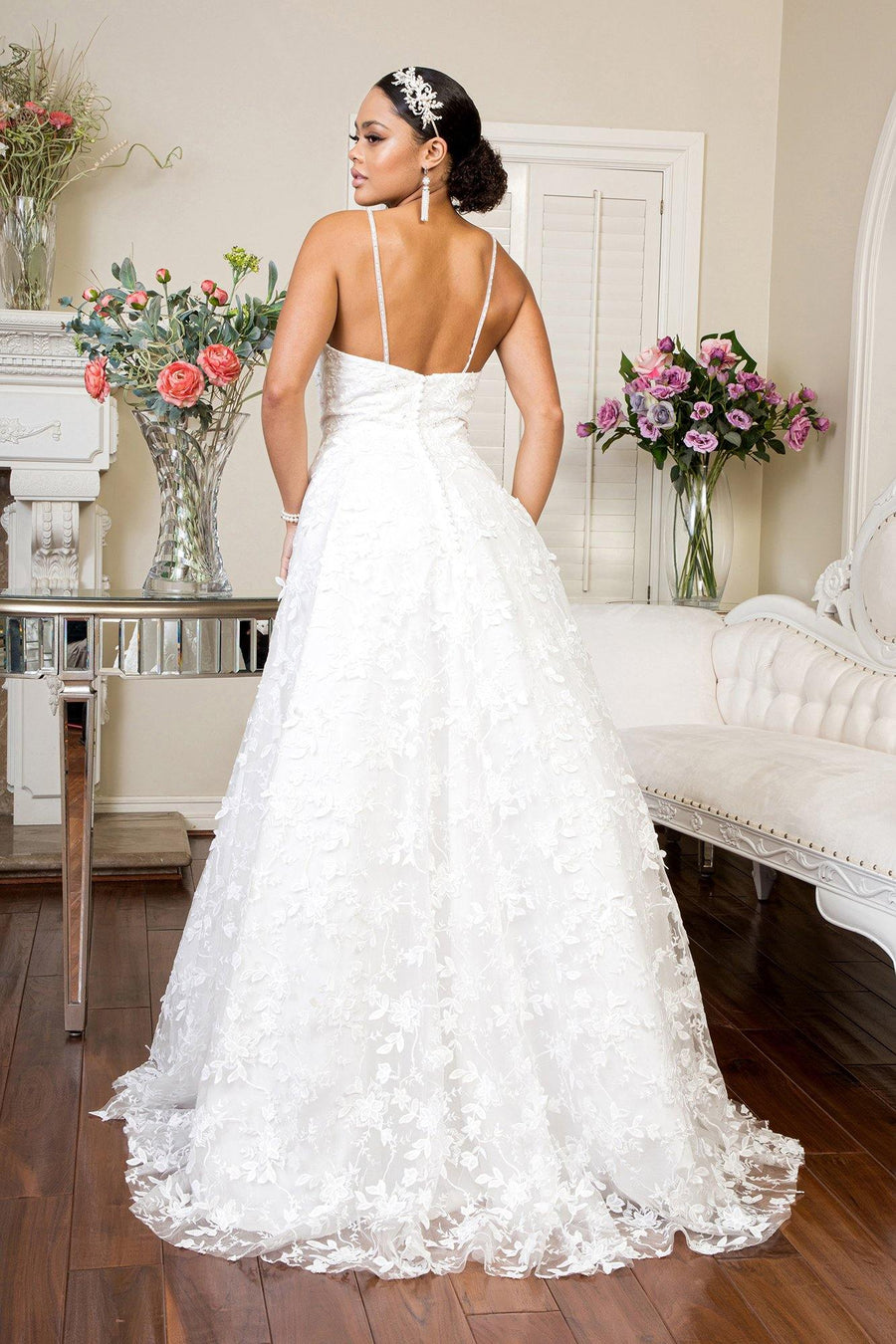 Simple Long Spaghetti Strap Floral Mesh Wedding Gown - The Dress Outlet