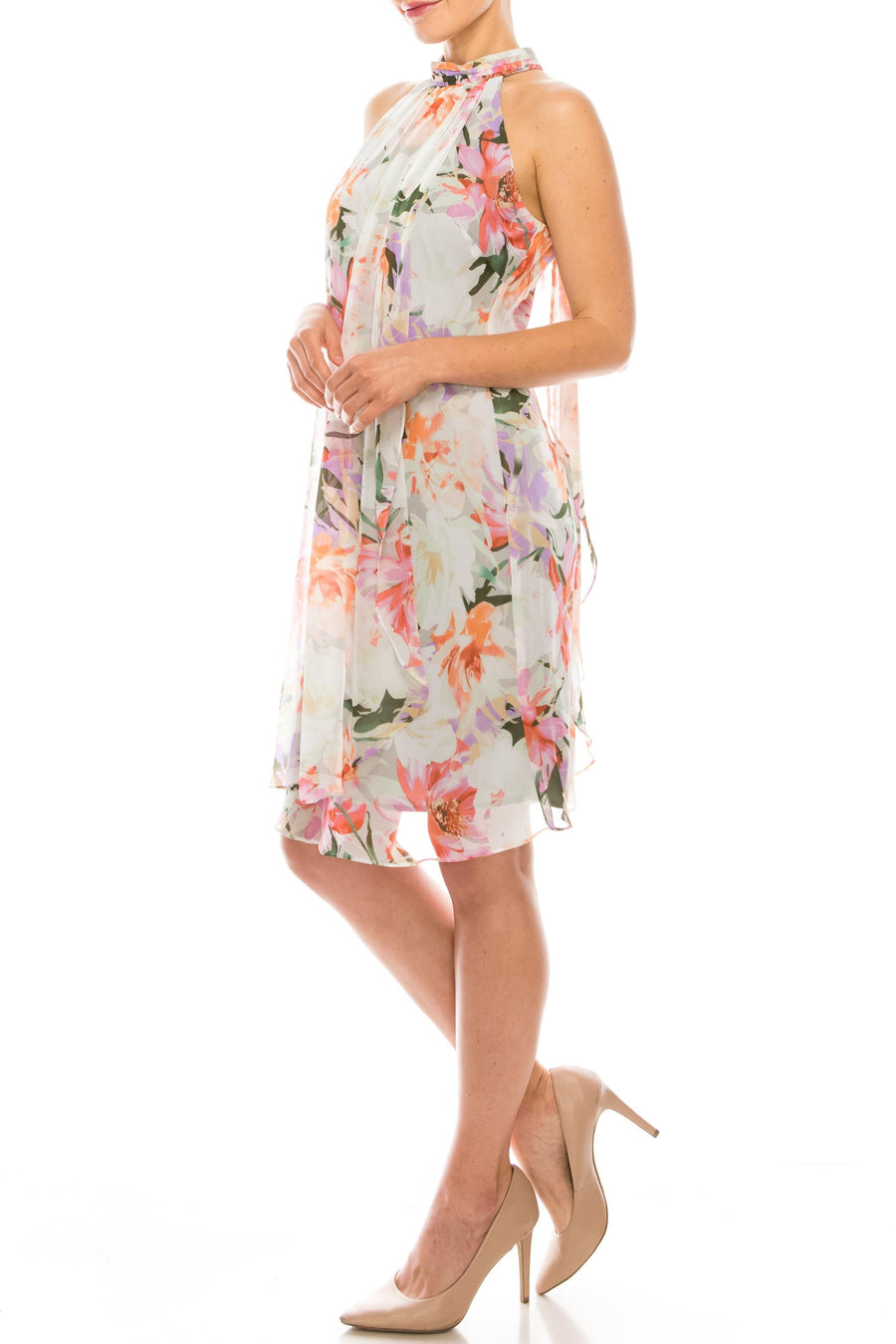 SLNY Short Multi Floral Print Chiffon Layered Dress - The Dress Outlet