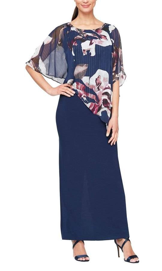 SL Fashion Long Floral Cape Formal Dress 9177428 - The Dress Outlet